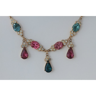 Vintage Blue and Pink Rhinestone Drop Necklace