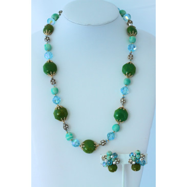 Vendome Vintage Green Glass and Crystal Necklace and Clip Earrings