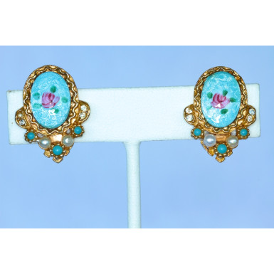 Art Turquoise Guilloche Enamel Clip Earrings