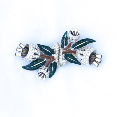 Coro Duette Rhinestone Tremblant Enamel Fur Clip Pin